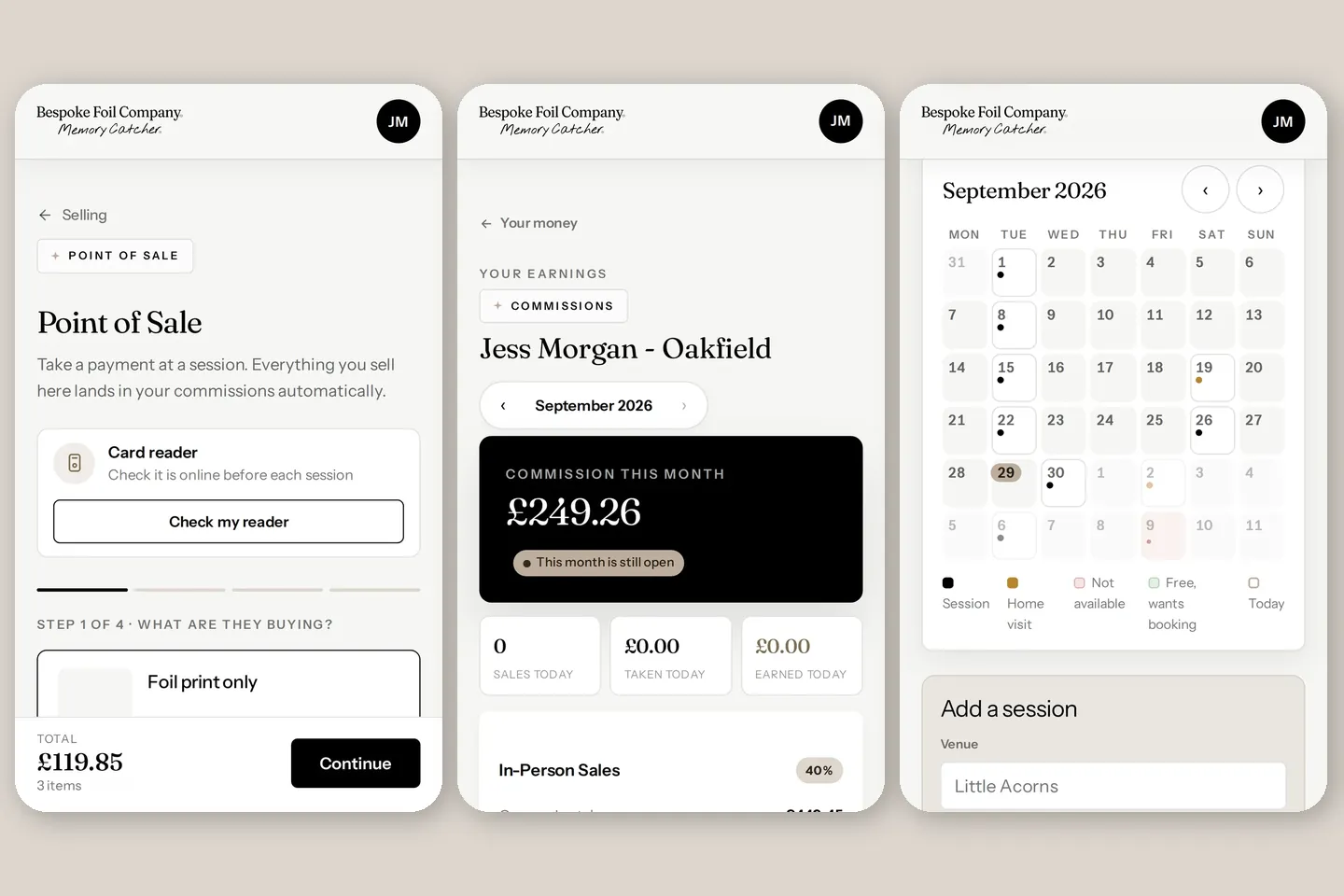 Three screens from the Memory Catcher Hub: taking a payment, monthly earnings and the diary