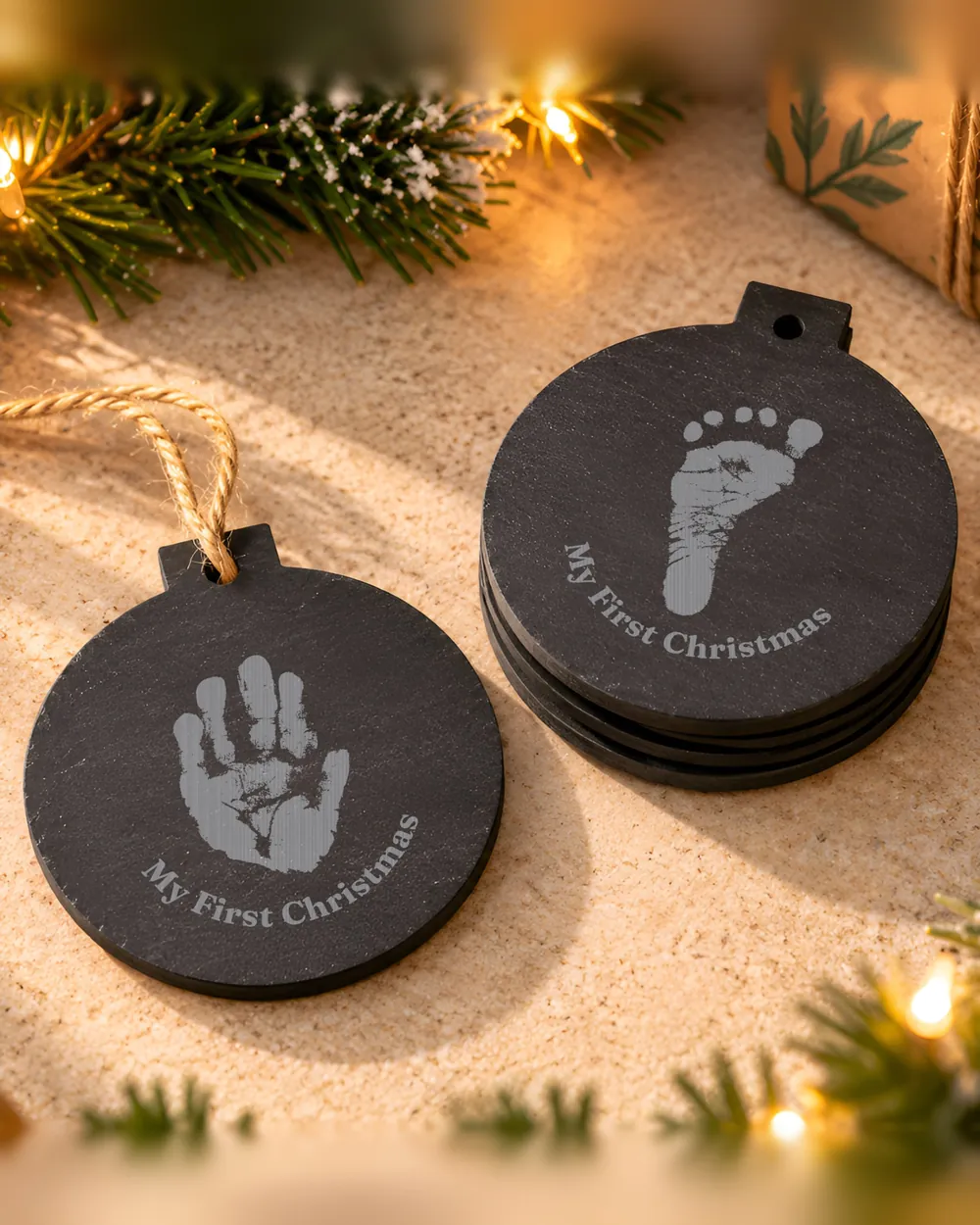 Two slate first Christmas baubles, one engraved with a baby's handprint and one with a footprint, both with My First Christmas