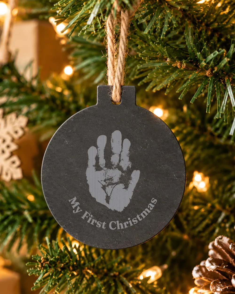 A slate Baby's First Christmas bauble engraved with a baby's handprint, hanging on the tree