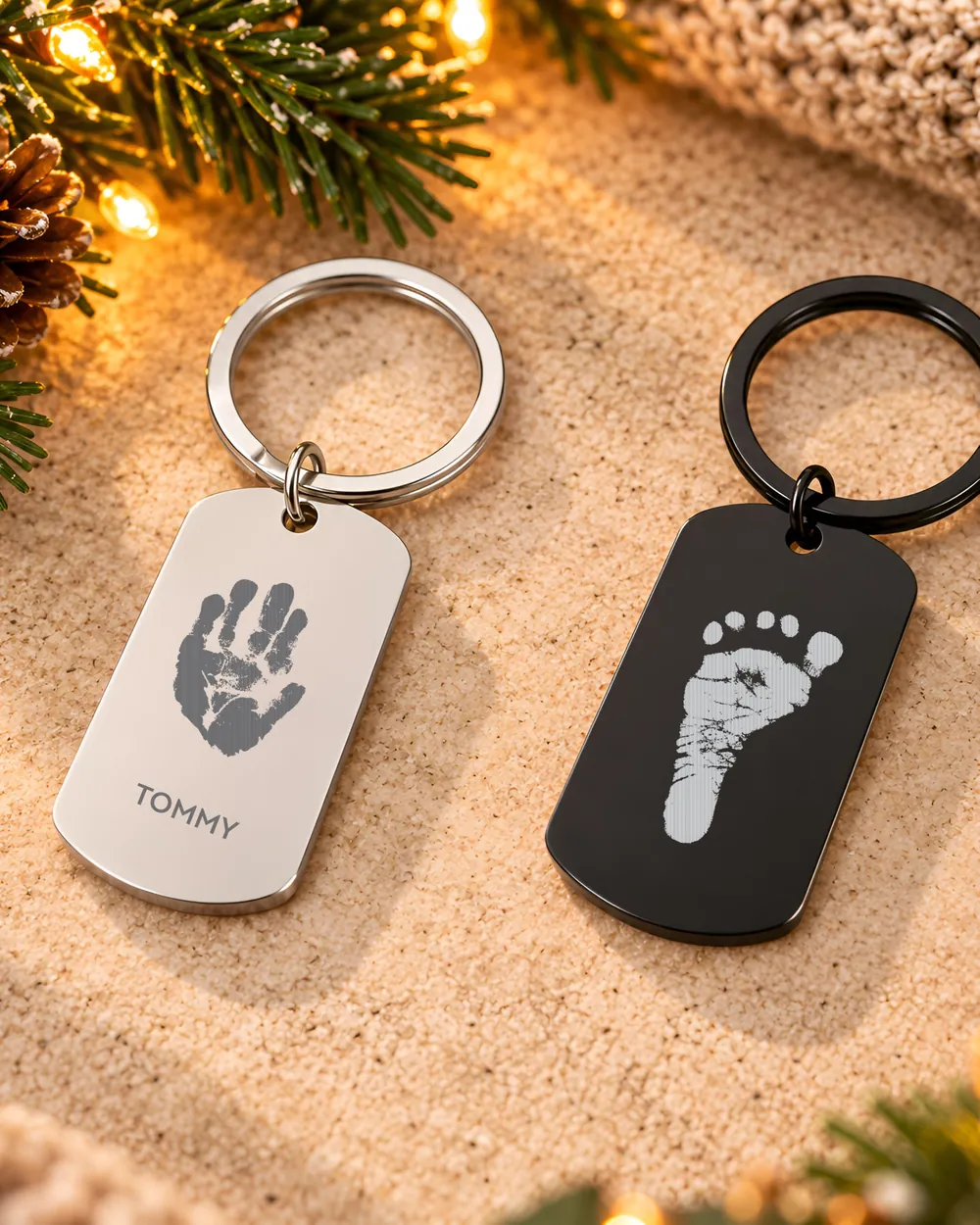 Two engraved keyrings: silver with a baby's handprint and the name Tommy, and black with a baby's footprint