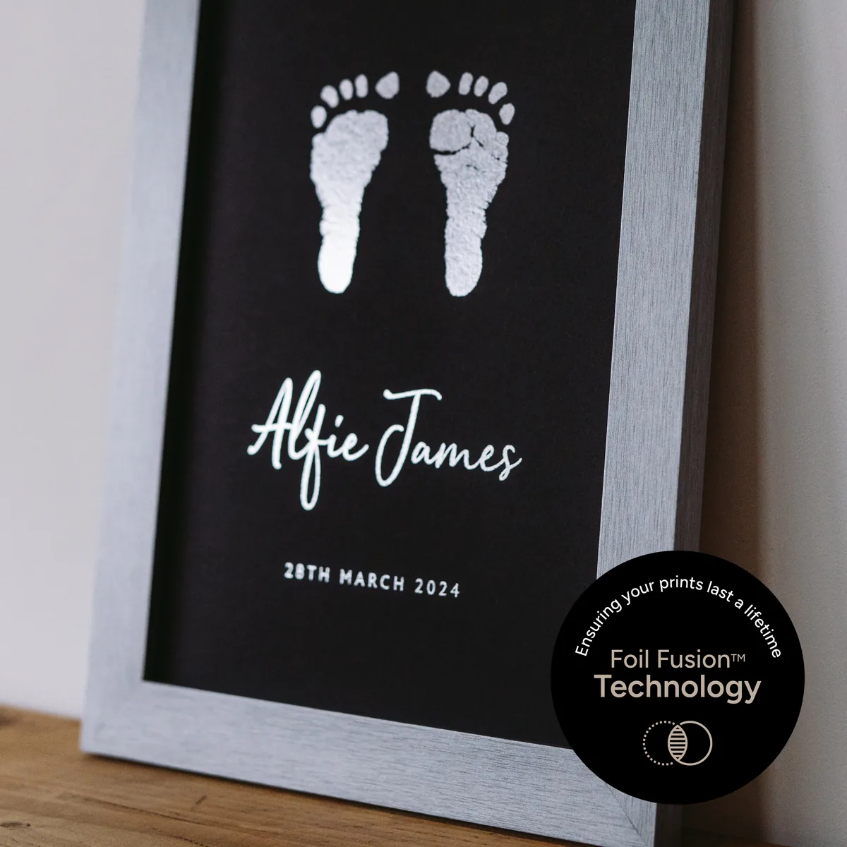 Framed foil footprints keepsake, personalised with baby's name and birth date