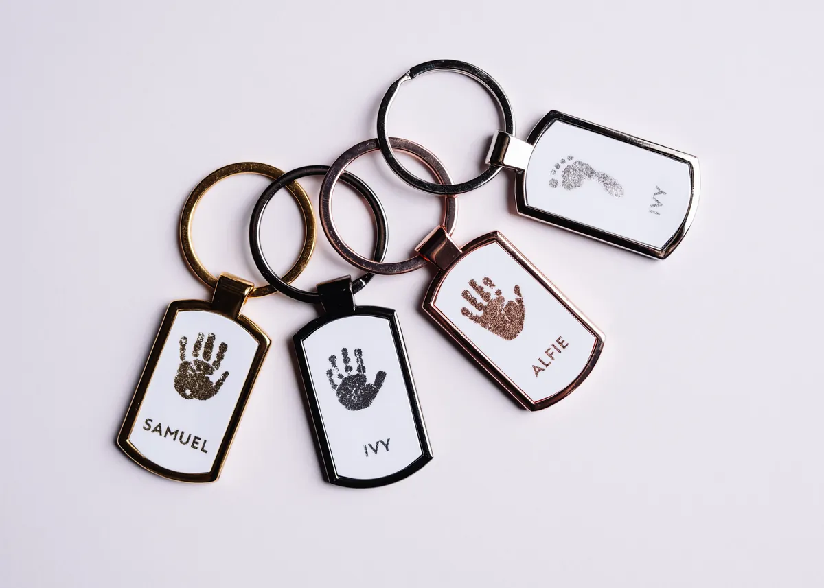 Personalised foil handprint keyrings in gold, silver and rose gold