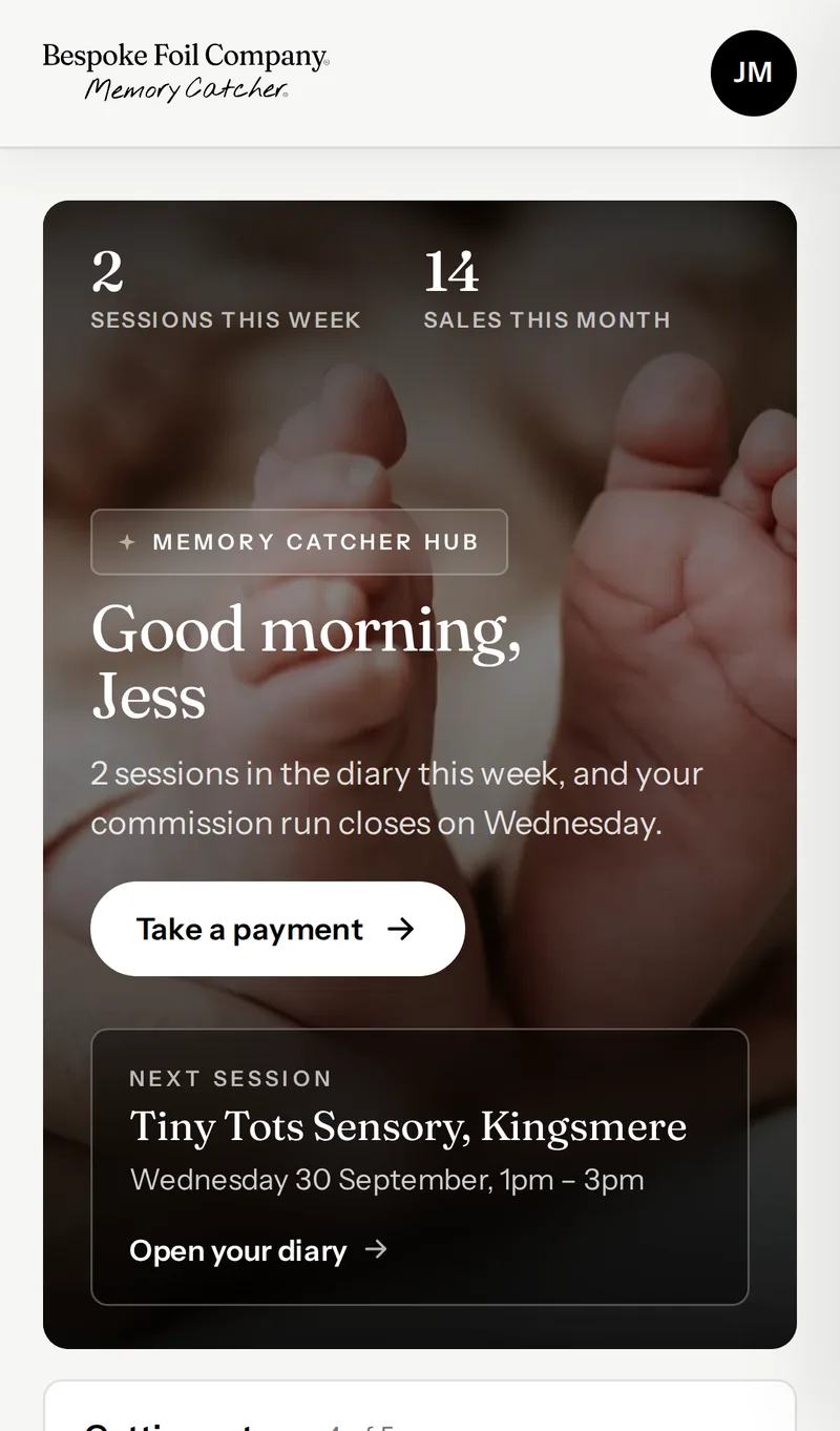 The Memory Catcher Hub home screen on a phone, showing the next session and a Take a payment button