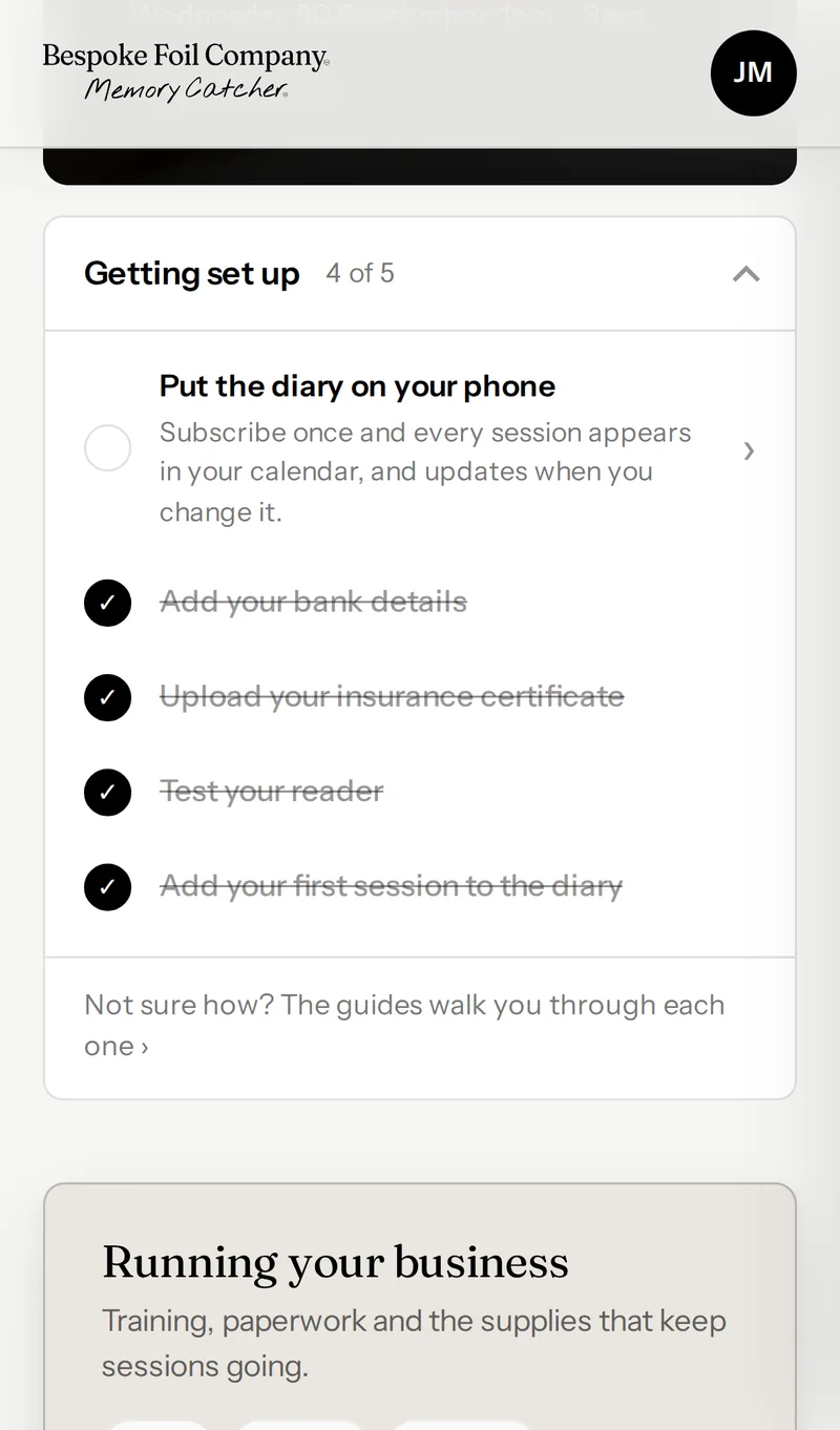 The Hub's getting-started checklist, ticking itself off as each step is done