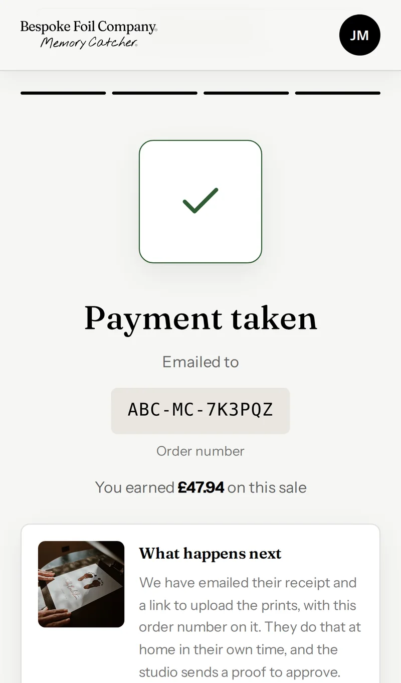 The Hub confirming a payment, with the order number and the commission earned