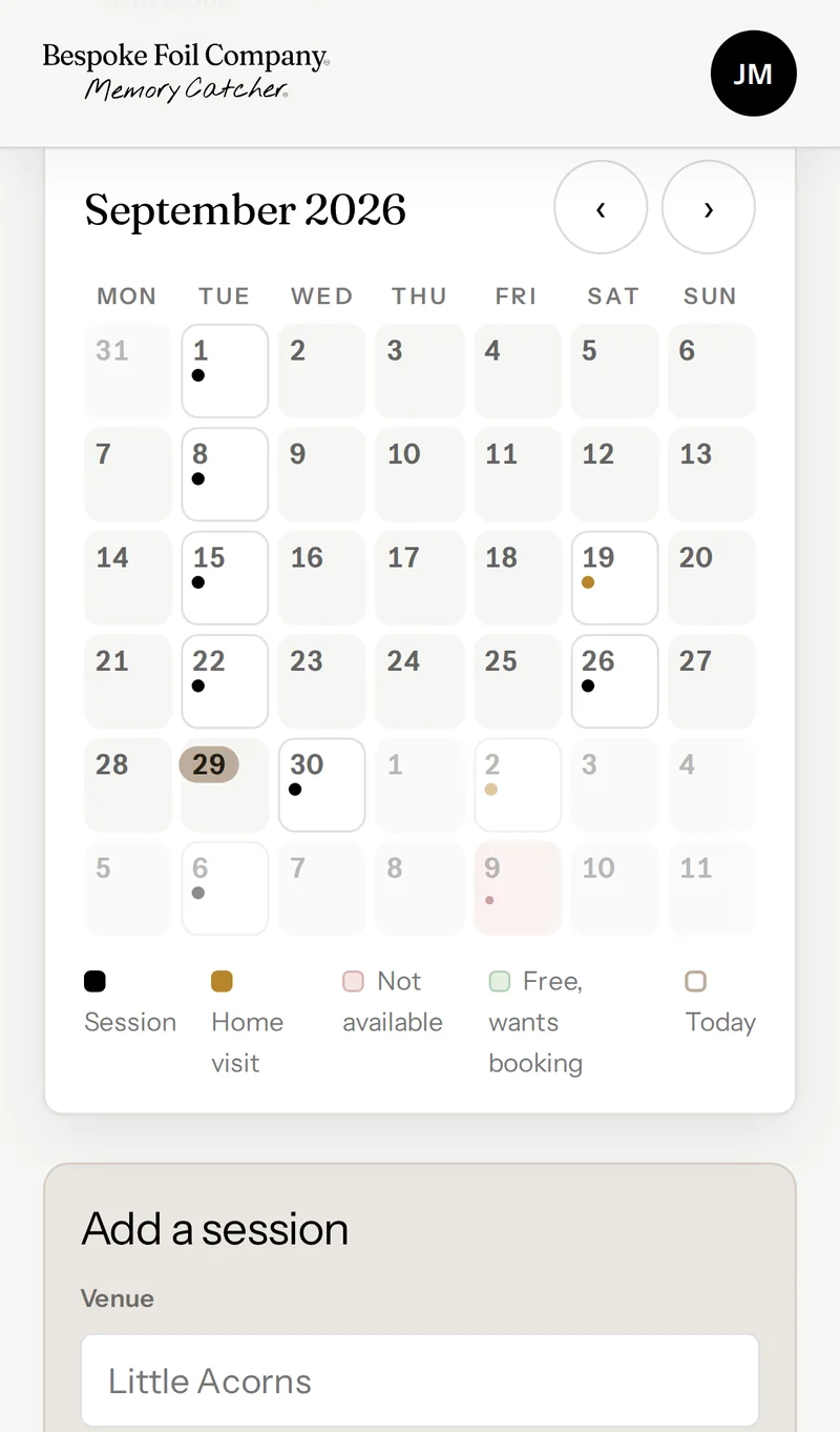 The Hub diary, showing a month of sessions and home visits
