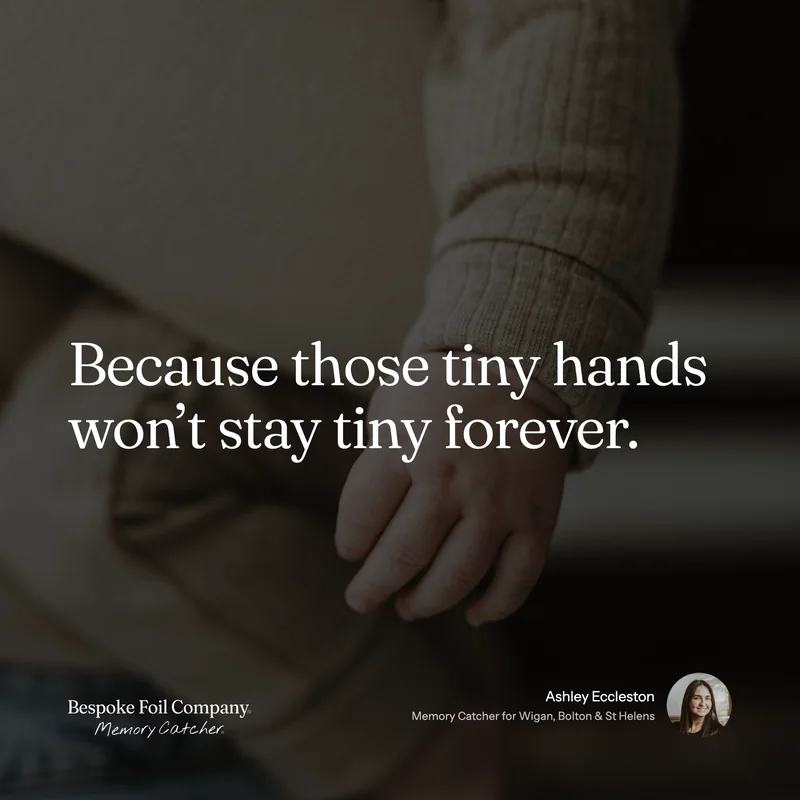 The finished post, reading: Because those tiny hands won't stay tiny forever, with the Memory Catcher's name, area and photo