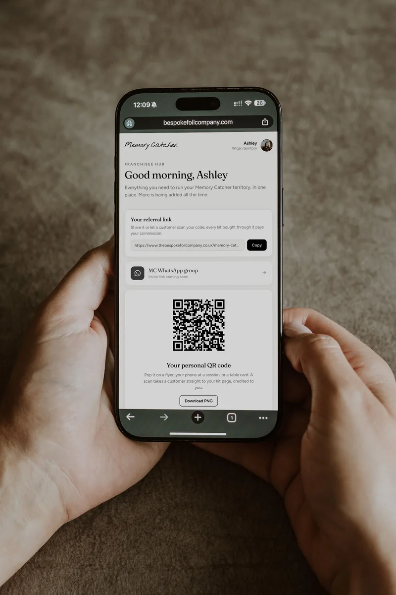 The Memory Catcher Hub franchisee dashboard with referral link and personal QR code