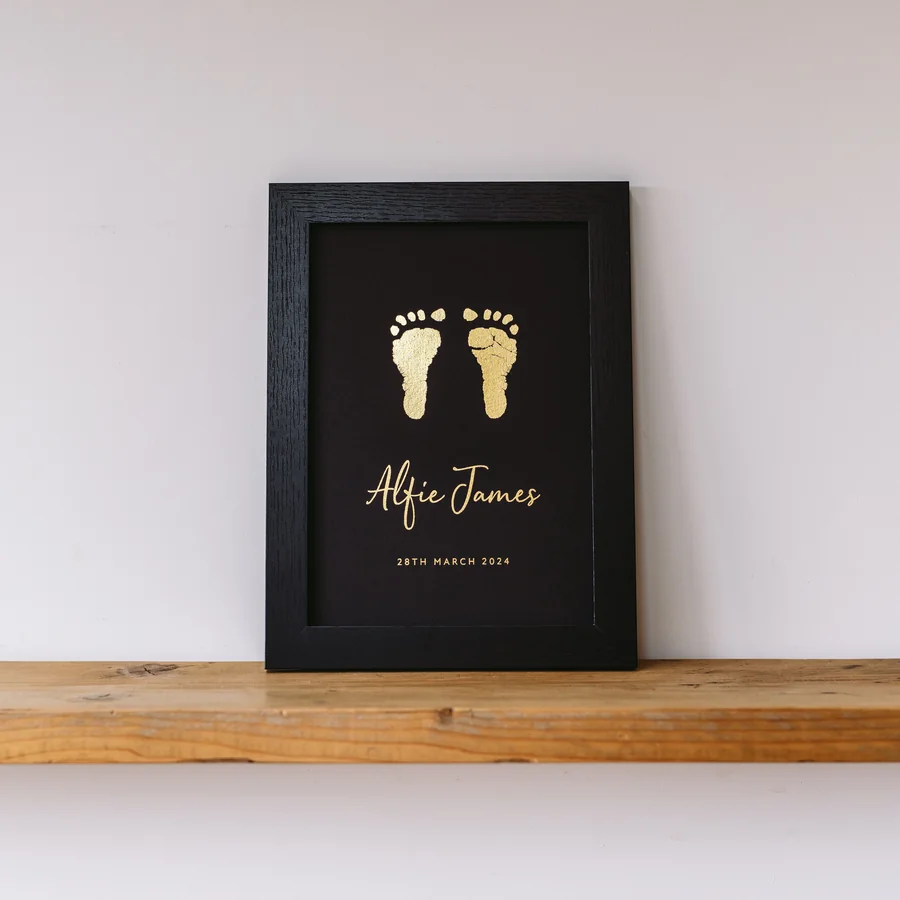 Framed foil hand and footprint keepsake, personalised with baby's name and birth date